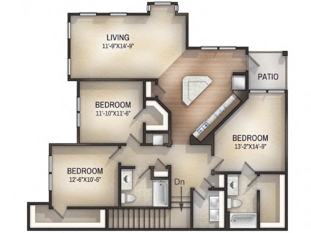 Floor plan for 3 beds, 2 baths, 1579 sqft